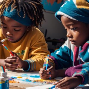 Two children painting using art supplies